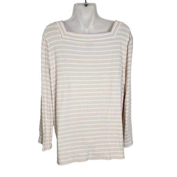 Chico's Womens Top Size 2 Large Beige White Striped Rib Knit Stretch Square Neck - Picture 2 of 9